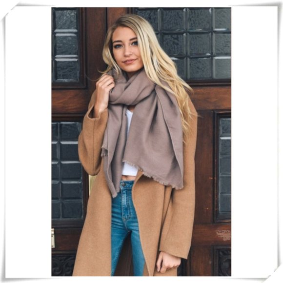 Accessories - Lightweight Warm Taupe Tan Oblong Blanket Scarf with Frayed Edge